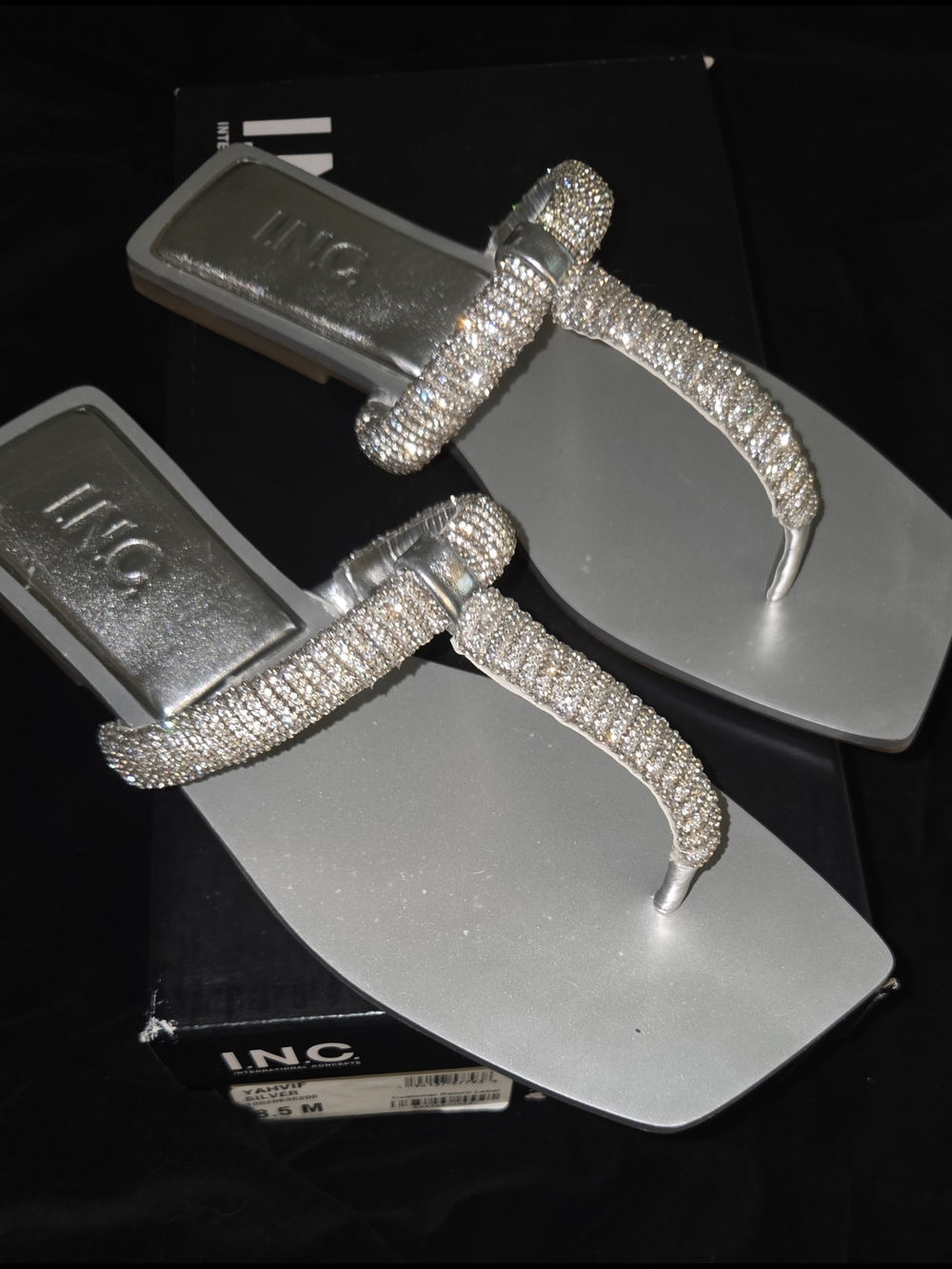 INC International Concepts Silver Rhinestone Flat Sandals - Picture 2 of 9